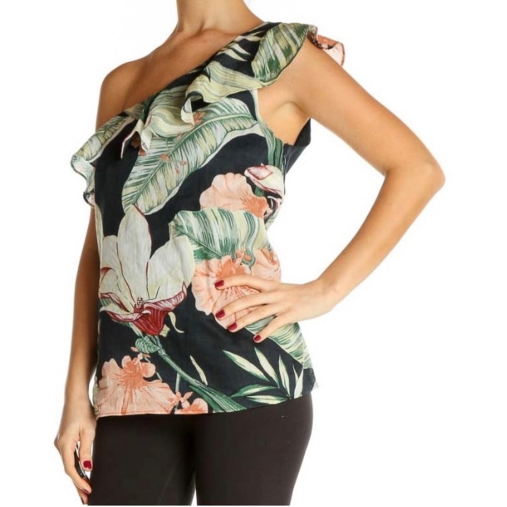 Ann Taylor Blue Tropical Floral Ramie Cotton Ruffle One Shoulder Top - M